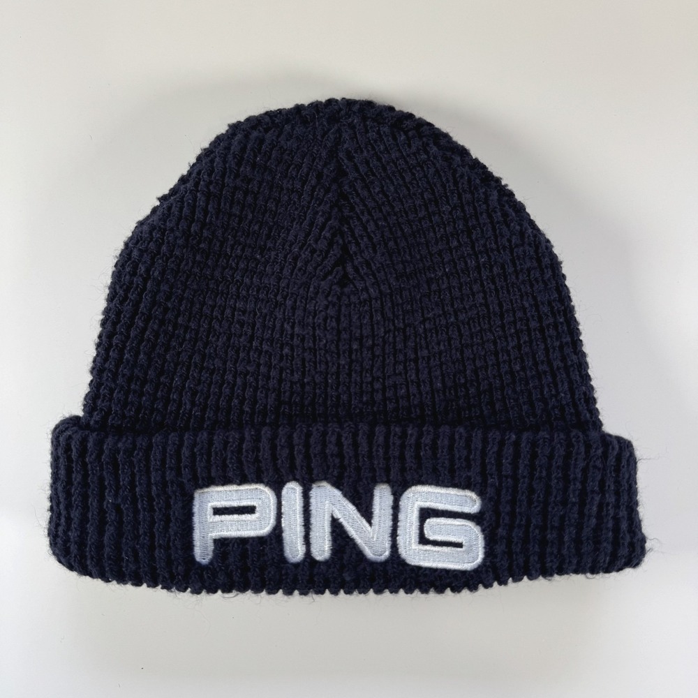 PING Knit Golf Beanie Spellout Embroidered‎ Blue Cap Ribbed